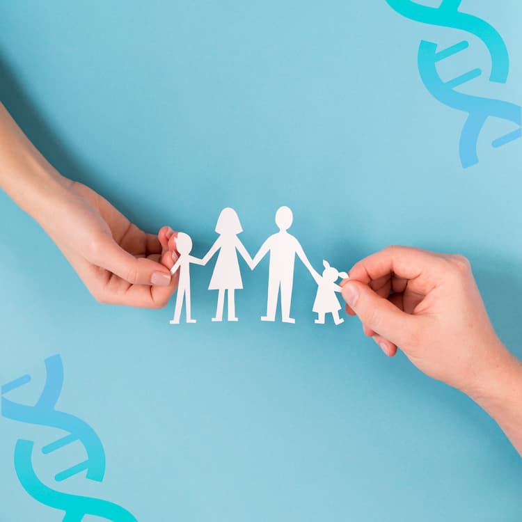 Two hands holding a white paper cutout of a family against a turquoise background, with a stylised DNA helix integrated into the design, symbolising genetic connections and personalised healthcare.